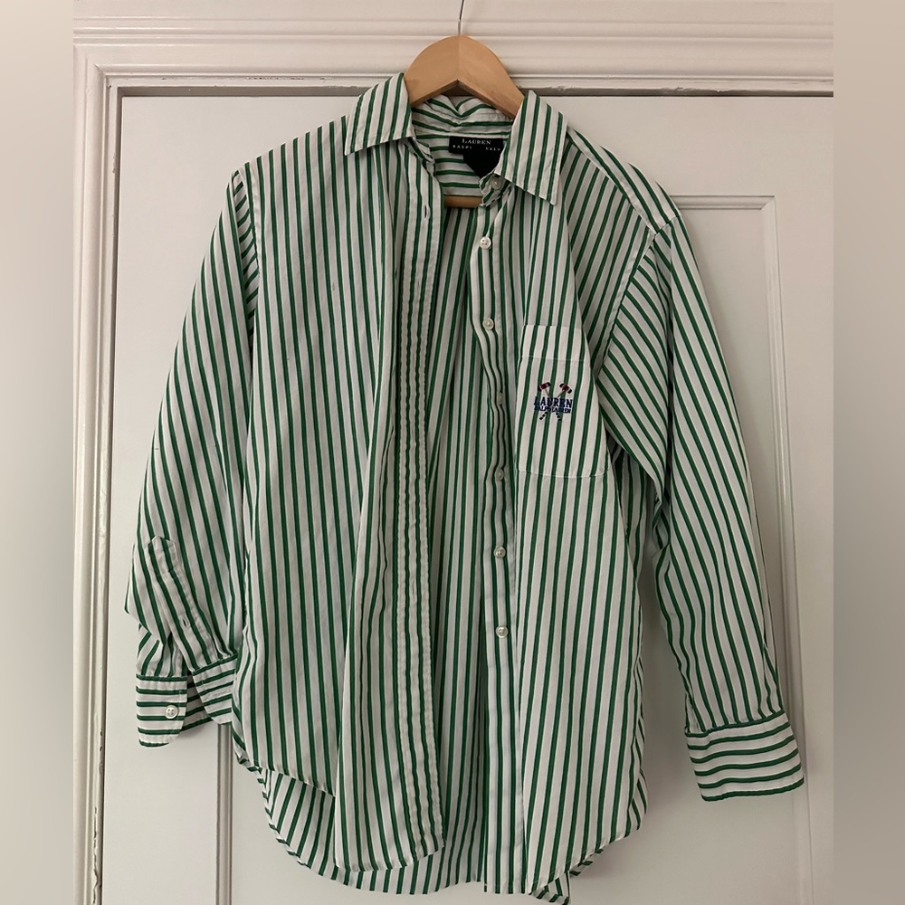 Lauren by Ralph’s Lauren women’s button down. White with green stripes. Size 4